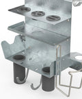 Heavy Duty Welder Cylinder Organizer Snap On Plated Steel Clip Mount Fits Wide Tank Shoulders Holds Welding Guns Cups And More Solid Workshop Gear Rig, showing multiple storage sections and hooks.