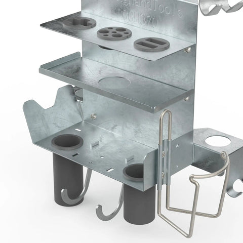 Heavy Duty Welder Cylinder Organizer Snap On Plated Steel Clip Mount Fits Wide Tank Shoulders Holds Welding Guns Cups And More Solid Workshop Gear Rig, showing multiple storage sections and hooks.