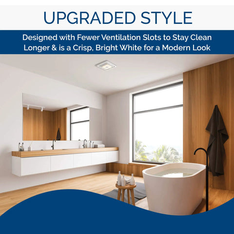 Modern bathroom interior with Bluetooth Speaker Grille Cover For Bathroom Exhaust Fans With LED Light installed on ceiling.