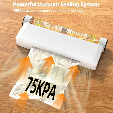 Powerful 75KPa Vacuum Sealer demonstrating suction on wood background
