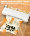 Powerful 75KPa Vacuum Sealer With LED Timer, sealing bag, demonstrating strong suction, on wooden surface