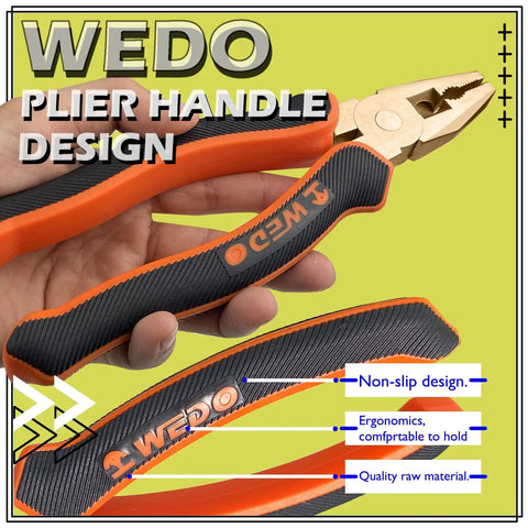 Close-up of ergonomic plier handle from No Spark 36 Piece Tool Set Spark Free Safety Kit With Wrenches Pliers Screwdrivers Hammers And Knives In Non Magnetic Case, Corrosion Resistant Build, DIN And GB Standards Compliant, Built With Beryllium Copper