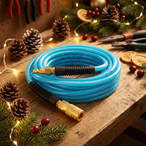 1/4 Inch By 25 Foot Reinforced Polyurethane Air Hose With Brass Fittings 300 PSI Max Blue PU Tubing coiled on a workbench