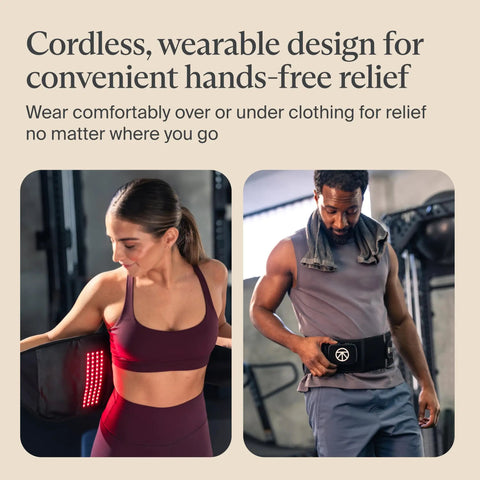 Man and woman using Four In One Back Wrap With Heat, Far Infrared, Vibration, And LED Therapy for epic lower back pain relief at home