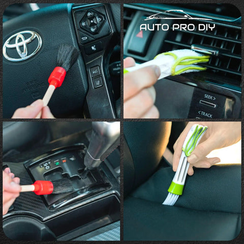 11 Piece Car Detailing Kit For Wheels Exterior And Interior Cleaning With Boar Hair Brushes Stainless Steel Wire Tools And Duster Brushes Reach Tight Spots DIY Pro Detail Set For A Fresh Like New Look, showing brushes cleaning car interior.