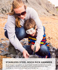 Mother and child using Rock Hounding Kit With 22 Oz Hammer And 3 Chisels Set Dope Musette Bag Jeweler Loupe And Gloves for rock chipping.