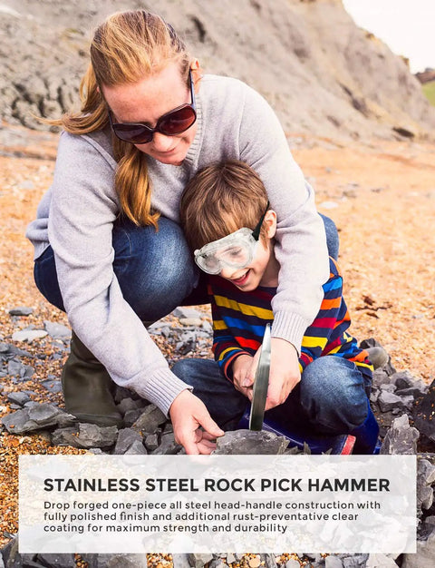 Mother and child using Rock Hounding Kit With 22 Oz Hammer And 3 Chisels Set Dope Musette Bag Jeweler Loupe And Gloves for rock chipping.