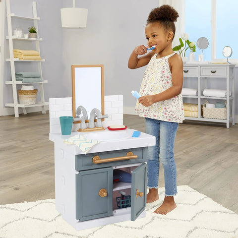 Tot Tested Bathroom Sink Playset With Real Working Water Faucet And Electric Pump Comes Complete With Twelve Kid Approved Accessories For Straight Up Fun Pretend Role Playing Ages Two And Up