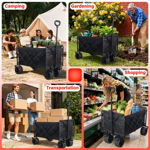 Collapsible Wagon Cart Foldable 600Lbs Heavy Duty Utility Wagon with all terrain wheels used for camping, gardening, and shopping.
