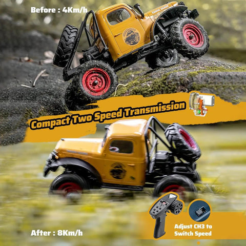 Badass One Twenty Four Scale Rc Crawler With Portal Axles And Two Speed Transmission on rocky terrain showing speed adjustment.