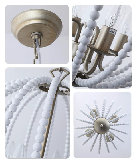 White Wood Beaded Chandelier Four Light Boho Farmhouse Pendant With E12 Base And Adjustable Chain For Dining Room Foyer Bedroom Kitchen Island Perfect For Coastal Shabby Chic Modern Rustic Vibe Decor