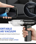 Two In One Air Duster And Mini Vacuum With 4000mAh Battery Brushless Motor 8000Pa Suction And 120MPH Thrust Car And Computer Cleaning Portable USB Type C Charge Lightweight And Beast Mode Powerful For Quick Cleanups shown with dimensions.