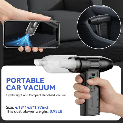 Two In One Air Duster And Mini Vacuum With 4000mAh Battery Brushless Motor 8000Pa Suction And 120MPH Thrust Car And Computer Cleaning Portable USB Type C Charge Lightweight And Beast Mode Powerful For Quick Cleanups shown with dimensions.