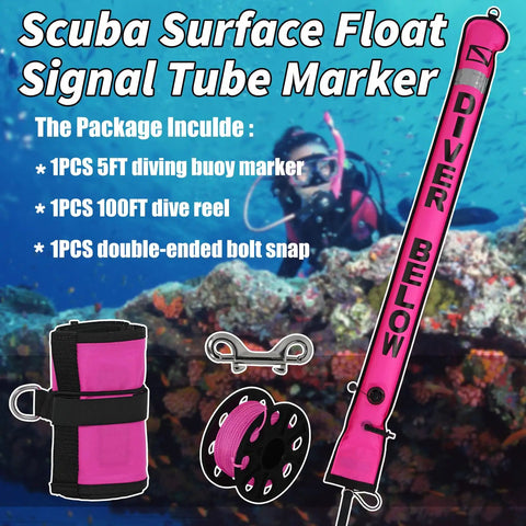 5ft Surface Marker Buoy Set For Scuba Diving With Inflatable Signal Tube And Reflective Strip Open Bottom Float Includes 100ft Dive Reel And Clip