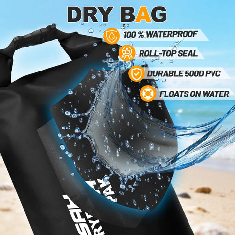 Floating Waterproof Dry Bag With Roll Top Seal And Free Phone Case, Heavy Duty 500D PVC, close-up with water splash on beach
