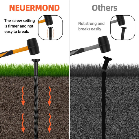 Comparison of heavy duty 8 inch landscape edging stakes with secure spiral design and ordinary stakes breaking easily.