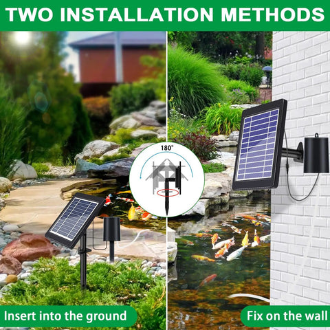 Pond Aerator With Independent Solar Air Pump Wire-Free Setup, mounted in garden and wall display for ponds and tanks