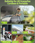 Cordless Handheld Washer With 775 Motor And 990 PSI in use on car, motorcycle, glass, yard, ground, and irrigation cleaning.
