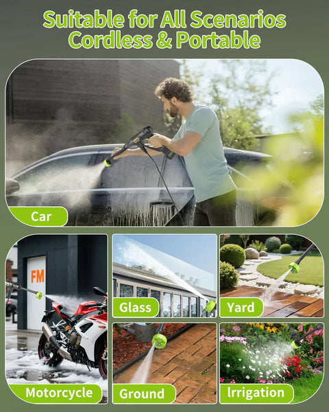 Cordless Handheld Washer With 775 Motor And 990 PSI in use on car, motorcycle, glass, yard, ground, and irrigation cleaning.