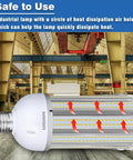 Two Pack 150W LED Corn Light Bulbs Ultra Bright 18000 Lumens For Garage Warehouse Workshop Barn E26 Base With E39 Adapter 5000K Daylight White Energy Saving Flood Light Bulbs in use showing heat dissipation