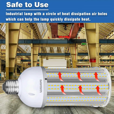 Two Pack 150W LED Corn Light Bulbs Ultra Bright 18000 Lumens For Garage Warehouse Workshop Barn E26 Base With E39 Adapter 5000K Daylight White Energy Saving Flood Light Bulbs in use showing heat dissipation