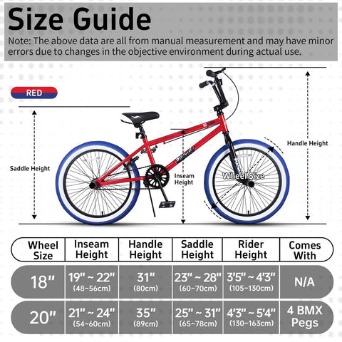 Freestyle 20 Inch BMX Bike For Beginners Kids 8 To 15 Red Frame With Blue Tires Size Guide Diagram with Measurements