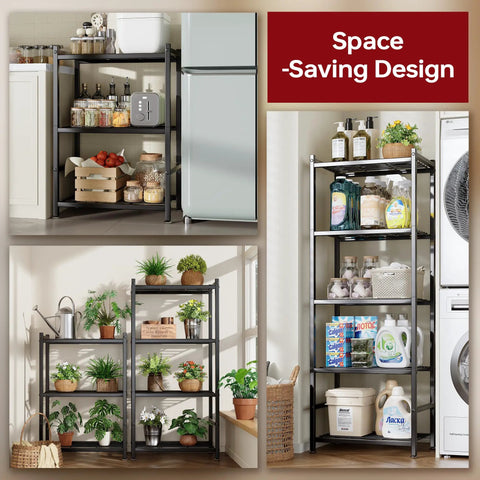 Space Saving 5 Tier Metal Shelving Unit With Self Leveling Feet Hella Sturdy Wire Rack Organizer For Garage Kitchen Pantry Closet Black in use with pantry items.