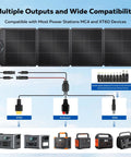 Portable 200W Foldable Solar Panel Kit With ETFE Cover for Power Station showing compatibility, MC4 and XT60 connectors