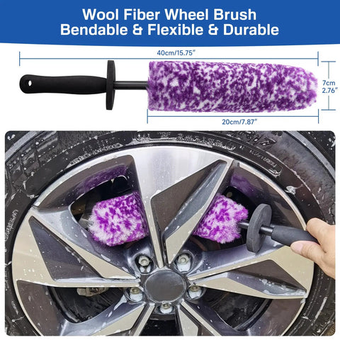 4 Pack Wheel And Tire Cleaning Brush Kit For Cars, Motorcycles, RVs And Trucks, Ultra Soft Synthetic Woolies, 360 Bendable Bristles, No Spatter, Includes Stiff Tire Brush And Soft Detailing Brush For Rims, Hubs And A Next Level Clean. purple wool wheel brush, 40cm, cleaning alloy rim