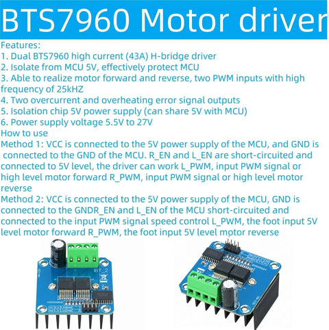 Two Pack BTS7960 43A Beefy High Power H-Bridge Motor Driver Module for Arduino with features and connection methods detailed