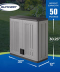 Wall Mounted Garage Storage Cabinet With Durable Resin Construction For Tough Garage Organization, 30 Inch Wide Double Wall Unit With Doors And Slate Top In Platinum Silver Finish against a green garden background.