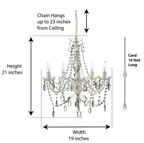 Plug-In Five Light Crystal Chandelier Swag Hanging Fixture With White Metal Frame And Clear Glass Stems And Acrylic Crystals