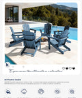 Poolside view of navy Folding Adirondack Chair With Hidden Cup Holder, All Weather HDPE Patio Seating, wood grain texture.