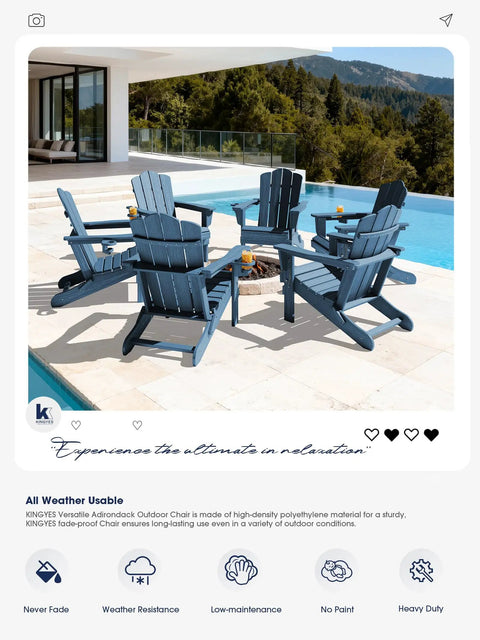 Poolside view of navy Folding Adirondack Chair With Hidden Cup Holder, All Weather HDPE Patio Seating, wood grain texture.