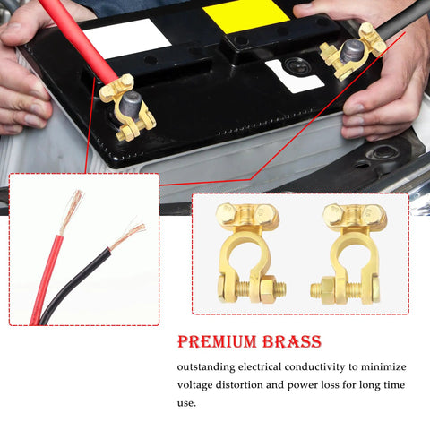 Heavy Duty Brass Battery Terminals Positive And Negative Hella Durable Universal Fit For Truck Boat Car Handles 300 Amps installed on battery.
