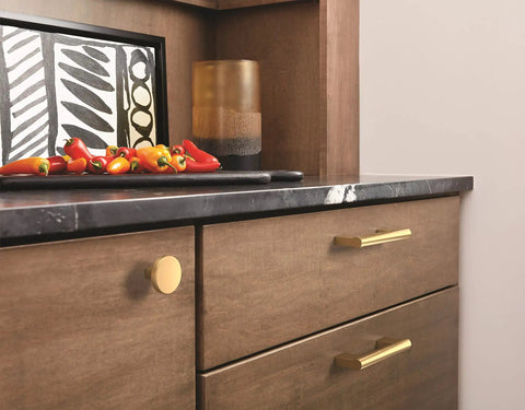 Slick Modern Cabinet Knobs With A Fresh Champagne Bronze Finish Dope Drawer Hardware For Kitchen Revamps on wooden cabinet.