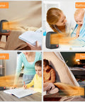 Collage of black 500W PTC ceramic space heater heating various indoor settings with overheat protection, ultra portable design.