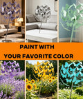Five variations of a metal butterfly sculpture in indoor and outdoor settings, showcasing customizable colors.