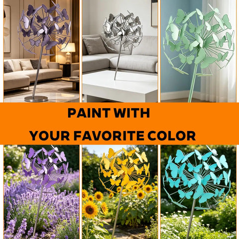 Five variations of a metal butterfly sculpture in indoor and outdoor settings, showcasing customizable colors.