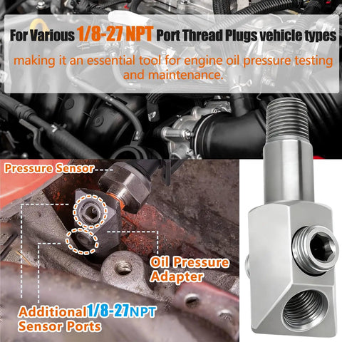 Oil Pressure Sensor Thread Adapter 1/8-27 NPT Port Plug For GM Chevy Small Block 305 350 Engines shown installed and standalone