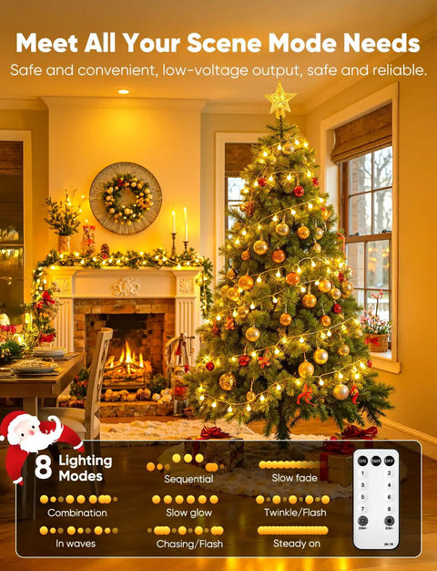 Cozy living room with Christmas tree adorned with Globe String Lights 33 Feet With 100 LED Bulbs Warm White Fairy Lights Plug In 8 Modes.