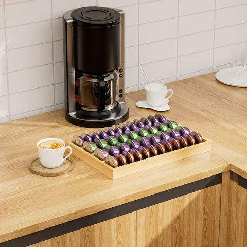 Bamboo Coffee Pod Drawer Organizer For Nespresso Vertuo Vertuoline Pods on kitchen counter with coffee maker