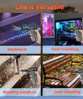 High Power 200000 RPM Electric Air Duster With LED Display And 8 Speed Settings in use on keyboard, PC, sawdust, and leaves