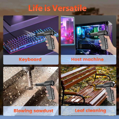 High Power 200000 RPM Electric Air Duster With LED Display And 8 Speed Settings in use on keyboard, PC, sawdust, and leaves