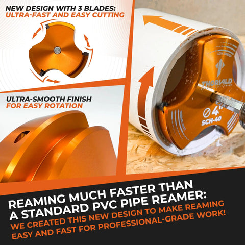 PVC Pipe Reamer TriForce Kit with Tungsten Carbide Blades, orange reamer tool showcasing blade design and smooth finish for plumbing