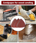 100 Piece Triangle Sanding Paper Set For Oscillating Tools, 60 80 100 120 240 Grit displayed with multitools on wood