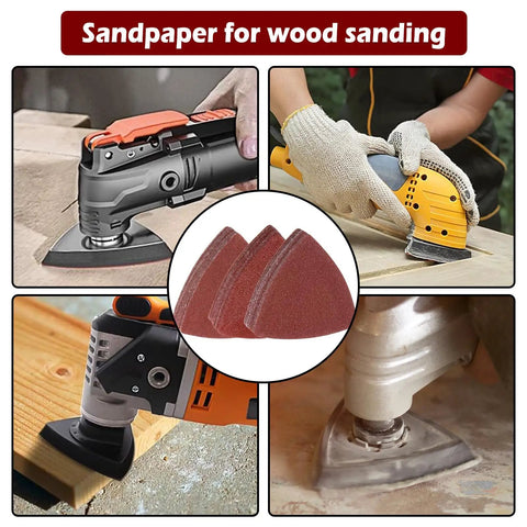100 Piece Triangle Sanding Paper Set For Oscillating Tools, 60 80 100 120 240 Grit displayed with multitools on wood