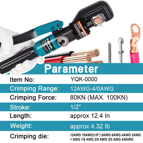 Hydraulic Battery Cable Crimper for 12AWG to 4/0AWG Range with 11 US Hex Dies Lugs Kit, Heavy Duty Crimp Tool for High Current Power Cables and Automotive Battery Leads, with copper lugs