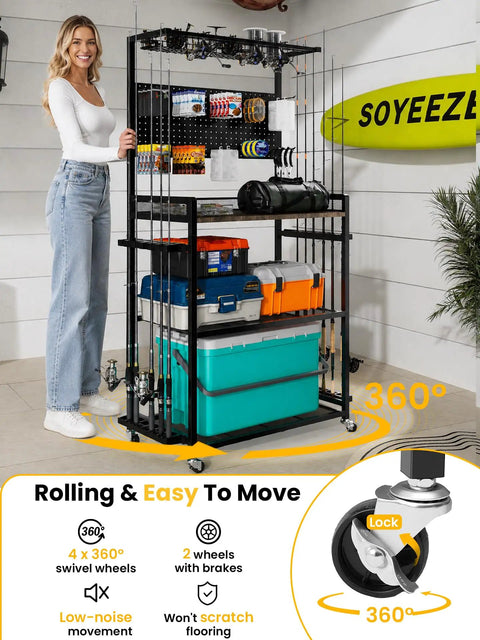 Garage Fishing Gear Rack With Four Tier Design And Top Reel Holder Holds Up To Six Spinning Reels Metal Top Basket