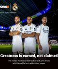 WORX and Real Madrid partnership image with players wearing white jerseys in stadium during a match.